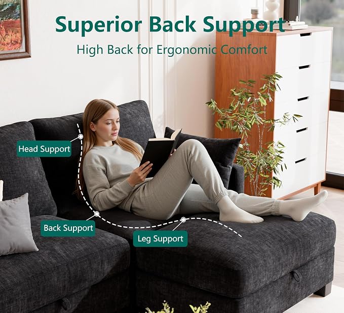 Sectional Couches for Living Room, U Shaped Modular Sectional Sofa, Cloud Couch with Storage Ottoman, Comfy Chenille Sofa with Pillow, Black
