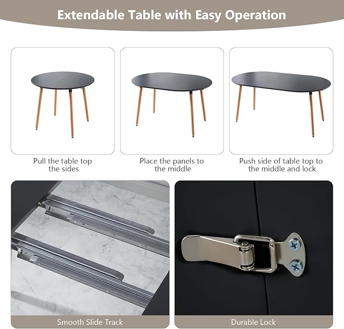 Extendable Round Dining Table for 4 6 Wooden Dining Room Table 39" to 70" Modern Kitchen Table for Dining Room Office Expandable Oval Dinner Table with MDF Top and Wood Tapered Metal Legs Black