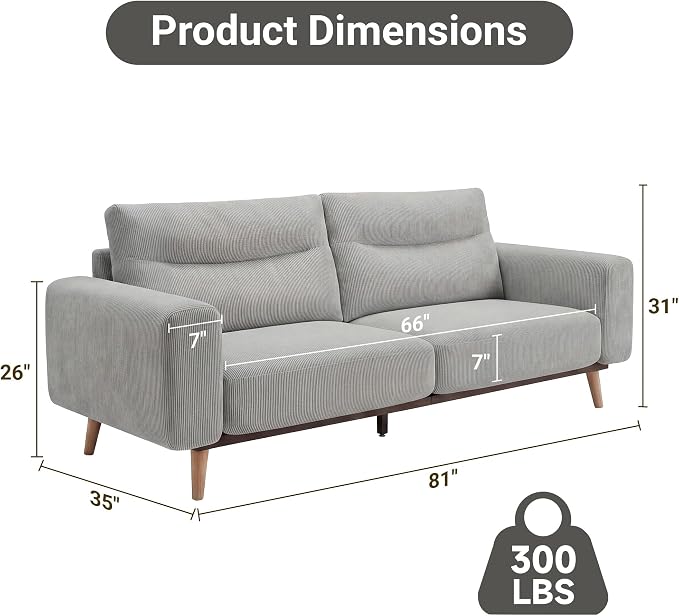 Claiks 81" Oversized Loveseat Sofa, Mid Century Modern Couch for Living Room, Bedroom & Apartment, Corduroy Upholstered 2-3 Seater Sofa with Sturdy Metal Frame, Easy Assembly, Light Grey