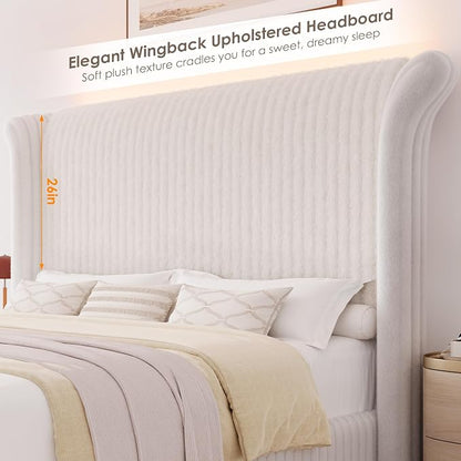 Keyluv Queen Bed Frame with 54” Tall Faux-Fur Wingback Headboard, Upholstered Platform Bed with LED Light, Mattress Foundation with Solid Wooden Slats Support, No Box Spring Needed, Noise-Free, Beige