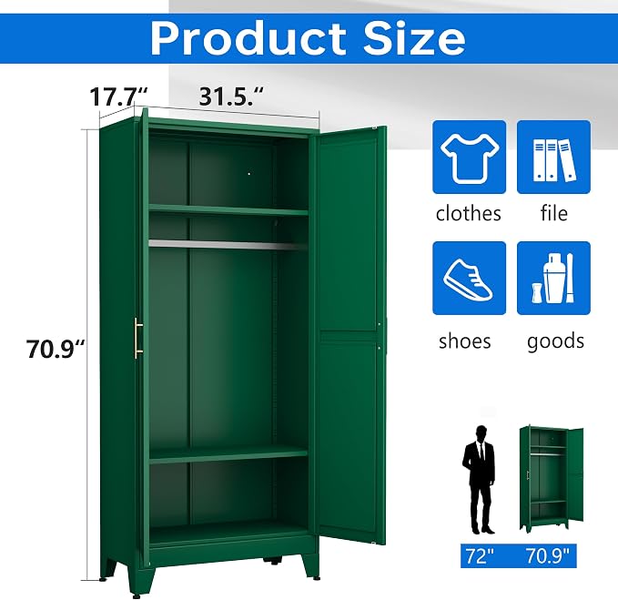 PAOFIN 71" Metal Armoire Wardrobe Closet, Bedroom Clothing Storage Cabinet with Hanging Rod, Freestanding Armoire Cabinet with Adjustable Shelves, Green