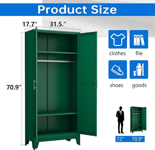 PAOFIN 71" Metal Armoire Wardrobe Closet, Bedroom Clothing Storage Cabinet with Hanging Rod, Freestanding Armoire Cabinet with Adjustable Shelves, Green