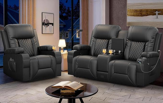 Recliner Sofa Set, Loveseat Recliner Couch and Recliner Chair with Heat & Massage, Home Theater Seating with Console, Drawer, USB Ports & Phone Holders, Reclining Loveseat for Movie Theater
