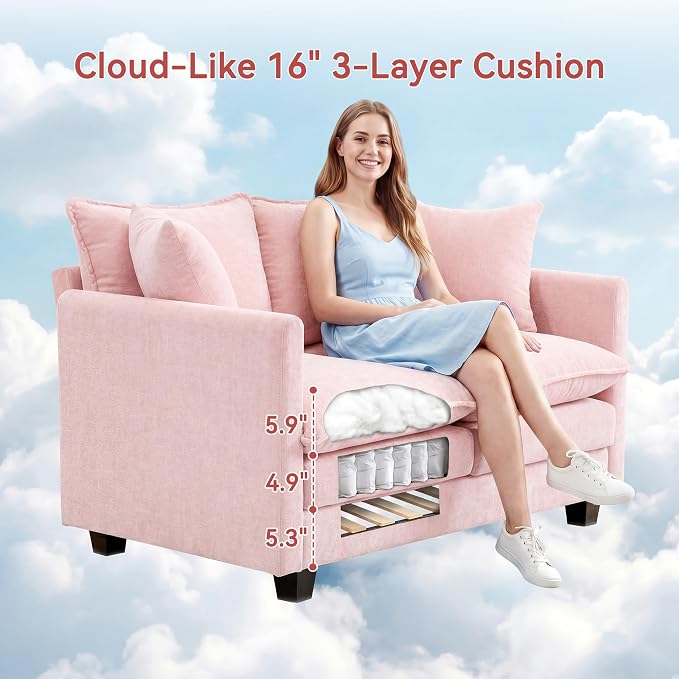 Loveseat Sofa Couch, Small Mini Compact 50" Love Seat 27" Deep Cloud Sofa Seat Washable Chenille Pillow for Apartment Bedroom Dorm Attic Studio Office Living Room Small Space 8833-PINK