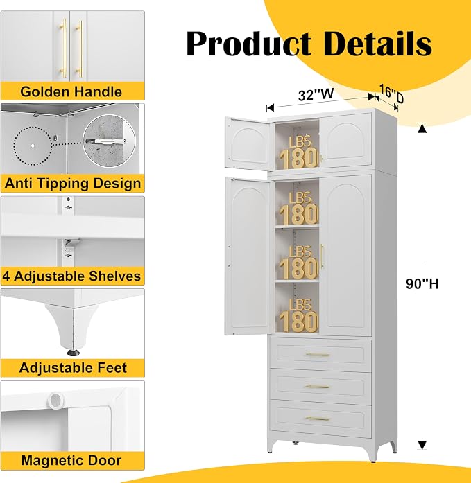 SteeLoong Kitchen Pantry Cabinet，90" Storage Cabinets with Doors and Shelves,Metal Pantry Cabinet with 3 Drawers,White Kitchen Cupboard for Livingroom,Pantry, Bathroom