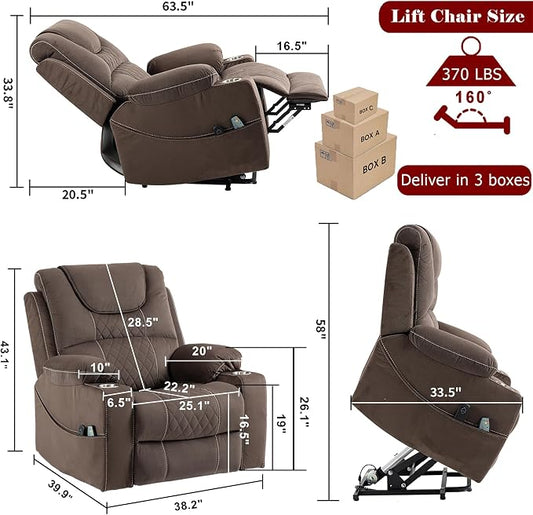 FUNECORP Large Power Lift Recliner Chair Sofa with Massage and Heat for Big and Tall Elderly,Infinite Positions,Single Motor,Cup Holders,and USB Ports,Velvet Home Theater Seat