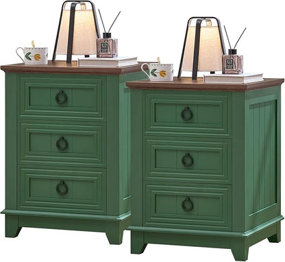 Joaxswe Farmhouse Night Stand Set of 2, 18" End Table with 3 Drawer Metal Handle, Sofa Bed Side Table Chest of Drawers,Wood Nightstand Cabinet for Organizer, Living Room-Green