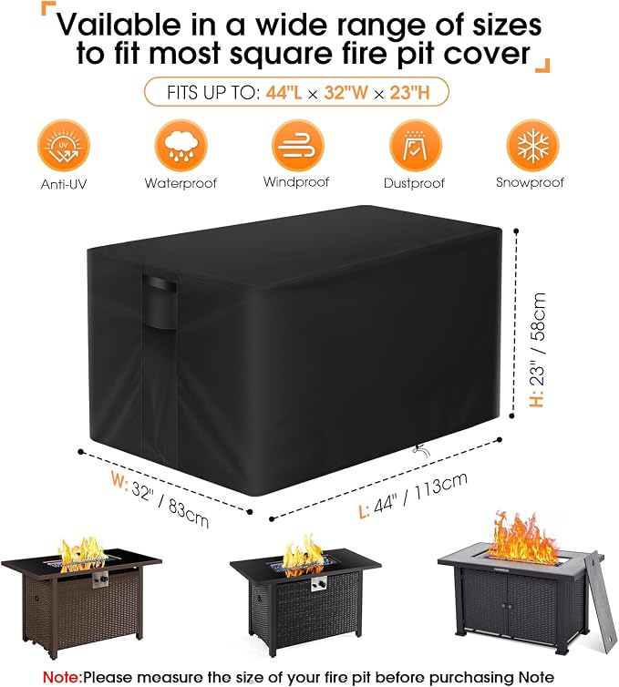 POMER Fire Pit Cover Rectangular, 44 Inch fire table cover rectangle firepit covers outdoor fireplace cover Waterproof Gas Fire Pit Cover - 44"L x 32"W x 23"H (Black)