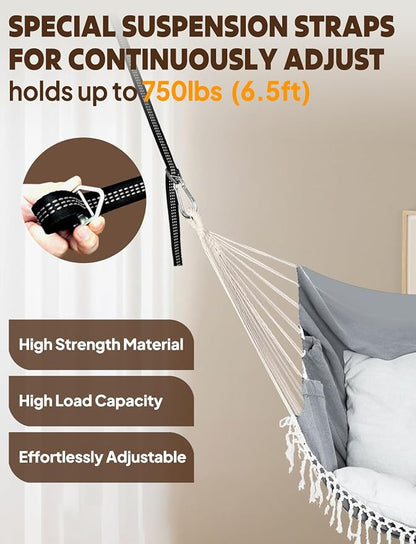 Chihee Hammock Chair Hanging Swing 2 Pillows Included,Strong Webbing Straps and Hooks for Easy Hanging Soft Cotton Hanging Chair Side Pocket Tassel Chair Comfort Indoor Outdoor Light Grey
