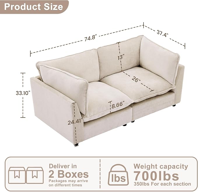 Iroomy Modular Sectional Sofa, Oversized Chenille Cloud Couch, Deep Comfy Seat, 2-Seater Sofas Couches for Living Room, Beige