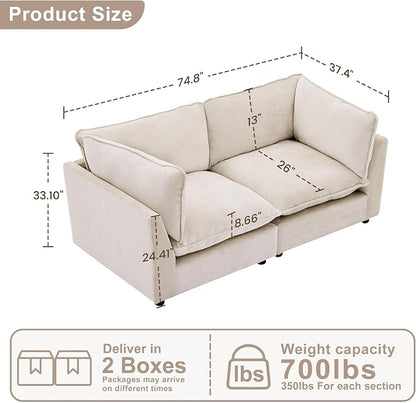 Iroomy Modular Sectional Sofa, Oversized Chenille Cloud Couch, Deep Comfy Seat, 2-Seater Sofas Couches for Living Room, Beige