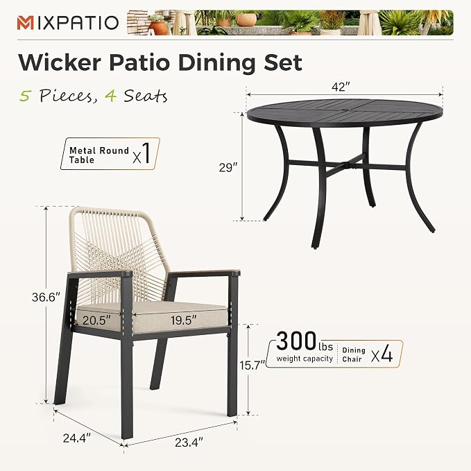 MIXPATIO 5 Pieces Round Outdoor Dining Set for 4, Patio Dining Set Wicker Rattan Chairs with Soft Cushion and 42" Round Table with Umbrella Hole, Round Patio Table and Chairs for Backyard Porch