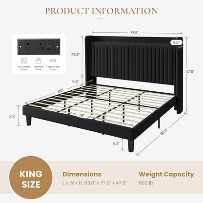 SHA CERLIN King Size Velvet Bed Frame with USB Charging Station, Wingback Storage Headboard, Upholstered Platform Bed with Wooden Slats Support, No Box Spring Needed, Easy Assembly, Black