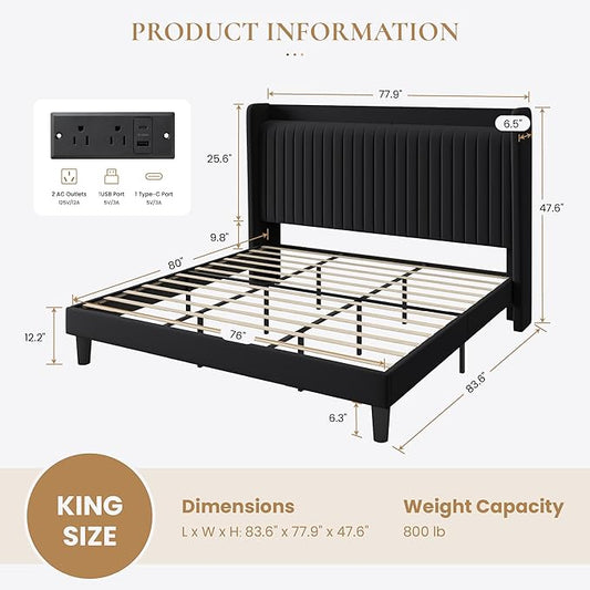 SHA CERLIN King Size Velvet Bed Frame with USB Charging Station, Wingback Storage Headboard, Upholstered Platform Bed with Wooden Slats Support, No Box Spring Needed, Easy Assembly, Black