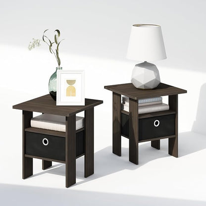 Furinno TIDUR Night Stand Set of 2, Open Shelf Design Nightstand with Storage Bin, Bedside Table, End Table, Side Table, for Bedroom, Closet, Dorm, Dark Brown
