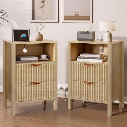 Nasonet Night Stand Set 2, Fluted End Table Set of 2, Modern Nightstand with Charging Station, Wood Bedside Table with Storage Drawer for Bedroom, Natural Oak