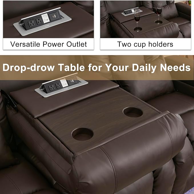 URRED Power Loveseat Recliner Sofa with Massage and Heat, Wall Hugger Reclining Loveseat with Console, RV Couch Home Theater Seating with LED Lights for Living Room (Dark Brown, 89.8" - 3 Seats)