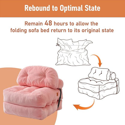 Folding Sofa Bed, Convertible Sleeper Chair with Back Support and Pillow Futon,Boneless Foldable Couch for Living Room/Guest Use/Home Office, Foldable Chair Bed for Adults, Pink