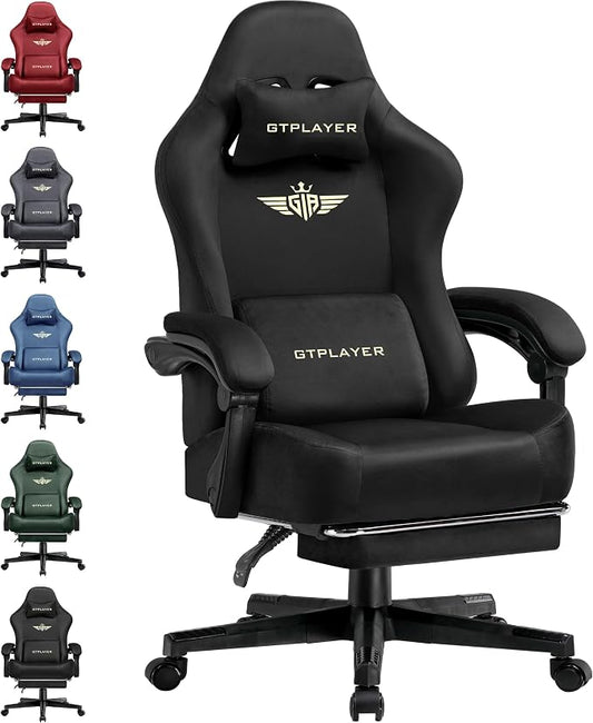 GTPLAYER Big and Tall Gaming Chair Fabric with Pocket Spring Cushion, High Back Ergonomic Computer Chair with Footrest for Adults Lumbar Support Swivel Game Chair for Office Gaming 350LBS, Black