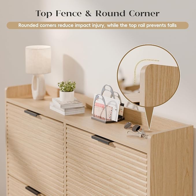 MU 46.5" W Fluted Shoe Storage Cabinet for Entryway, Shoe Cabinet with 4 Flip Drawers, Narrow Wood Shoe Rack Cabinet, Freestanding Hidden Shoe Organizer with Wooden Legs for Hallway, Entrance, Oak