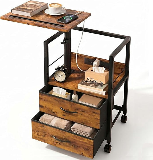 Faesun Swivel Lift Top Nightstand with Charging Station, Rolling Side Table for Recliner, Bedside Table with Wheels & 2 Fabric Drawers, for Small Spaces, for Bedroom, Living Room, Brown