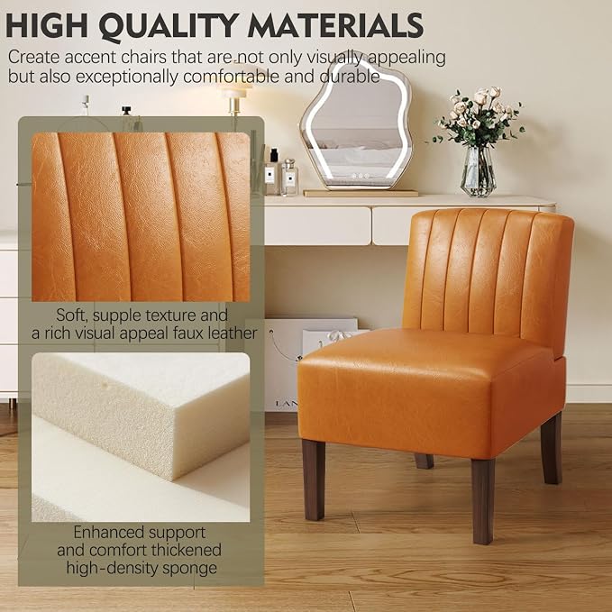 Armless Accent Chairs Upholstered Dining Chairs Living Room Chairs with Solid Wood Legs Leather Reading Chair for Adults Comfy Chair for Bedroom Vanity Kitchen (Brown)
