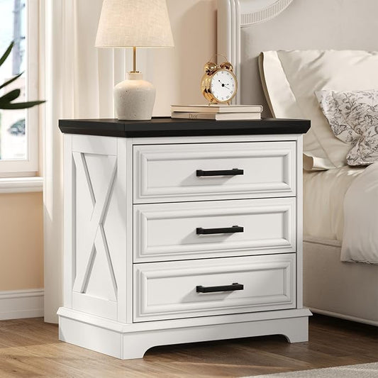 knoworld 24 Inch Wide Farmhouse Nightstands with Charging Station, White Nightstand with 3 Large Drawers, Rustic Wood End Table for Bedroom