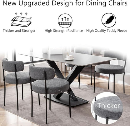 Cinxzar Grey Boucle Dining Chairs Set of 6, Upholstered Dining Room Chairs with Black Metal Legs, Round Modern Dining Chair for Dining Room, Kitchen