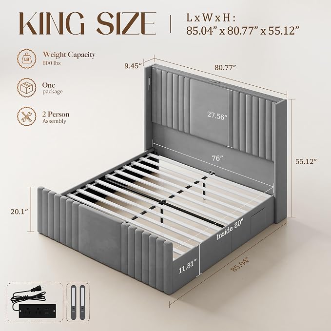 King Size Bed Frame with 55.1" Tall Headboard, Velvet Upholstered Platform Bed with Channel Tufted Wingback, 2 Reading Lights/Storage Shelf/Charging Station/Easy Assembly/Noise-Free, Grey