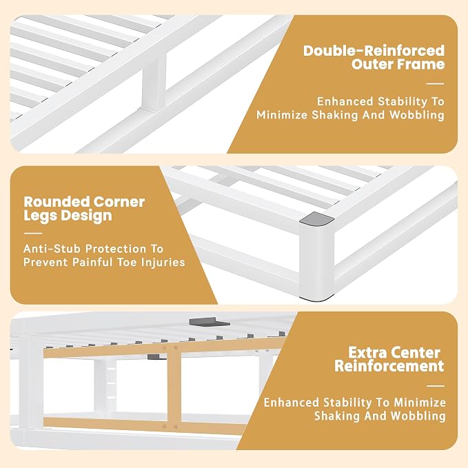 14 Inch Full Size Bed Frame with Rounded Corner and Headboard Hole, Metal Platform Bed Frames 6 Non-Slip Guards, 3500lbs Heavy Duty Steel Slat Support, Squeak Free, No Box Spring Needed, White