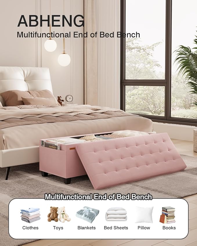 ABHENG Velvet Storage Ottoman Bench with Legs - 770 lb Capacity, 15.7"L x 43"W x 15.7"H for Bedroom, Living Room, Entryway - Jelly Pink