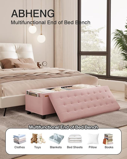 ABHENG Velvet Storage Ottoman Bench with Legs - 770 lb Capacity, 15.7"L x 43"W x 15.7"H for Bedroom, Living Room, Entryway - Jelly Pink