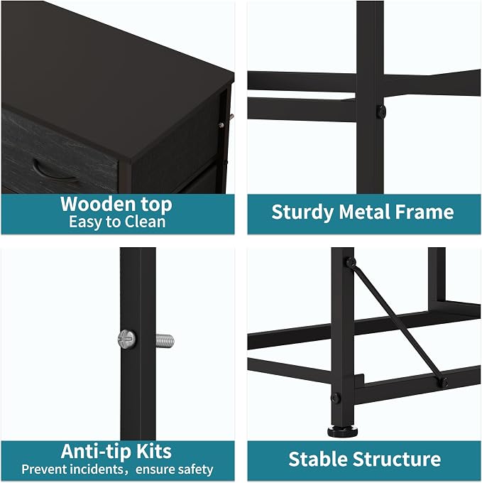 LUMTOK 10-Drawer Dresser, Fabric Storage Tower with Drawers for Bedroom, Dresser Drawer with Handle for Bedroom, Living Room, Hallway, Closets & Nurseryteel Frame, Wood Top (Black Wood Veins)