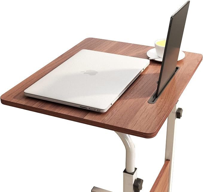 soges 23.6 inches Mobile Side Desk with Tablet Slot Height Adjustable Laptop Cart Stand Portable Laptop Desk Workstation with Wheels Walnut CXYM-5/3-60HW