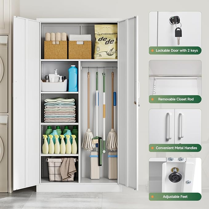 Letaya Metal Locker,Steel Wardrobe Storage Cabinets with Lock Door,Clothing Coat Storage Freestanding for Office, Home, School, Employee,Gym,Fire Department (White)