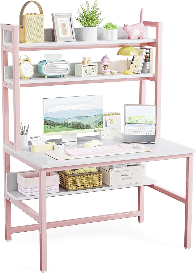 Aquzee Pink Girls Desk Hutch, 47in Woman Computer Desk with Bookshelf & Storage Shelves, Space Saving Girls Writing Study Craft Table for Bedroom Kids Room, White Wood & Pink Iron Home Office Desks