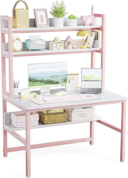 Aquzee Pink Girls Desk Hutch, 47in Woman Computer Desk with Bookshelf & Storage Shelves, Space Saving Girls Writing Study Craft Table for Bedroom Kids Room, White Wood & Pink Iron Home Office Desks