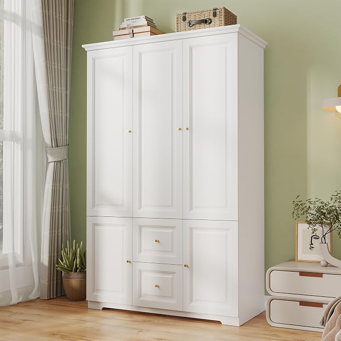 Armoire Wardrobe Closet with Drawers: Large White Wardrobe Closet with 3 Doors and 2 Drawers, Wooden Bedroom Armoires Storage Cabinet with Hanging Rod and Shelves (47")