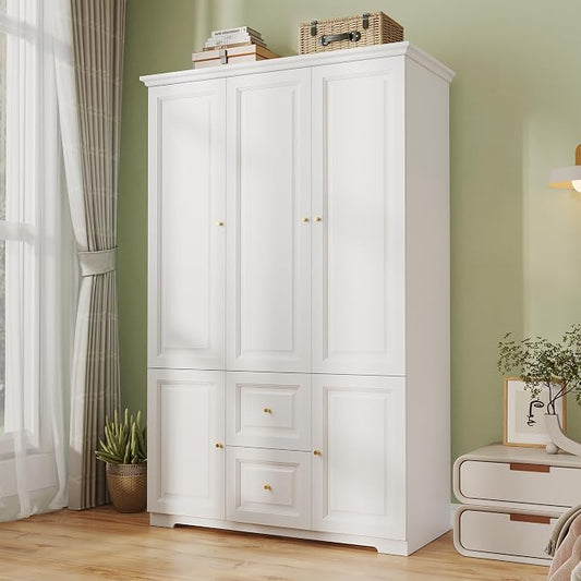 Armoire Wardrobe Closet with Drawers: Large White Wardrobe Closet with 3 Doors and 2 Drawers, Wooden Bedroom Armoires Storage Cabinet with Hanging Rod and Shelves (47")