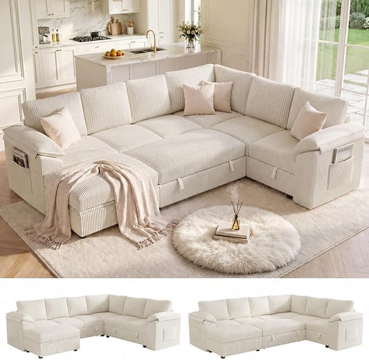 108 Inch Sectional Sleeper Sofa Bed with Pull Out Couch, U Shaped 7 Seat Cloud Modular Sectional Sofa with Storage, Corduroy Sectional Couches for Living Room, Removable Sofa Cover, Beige
