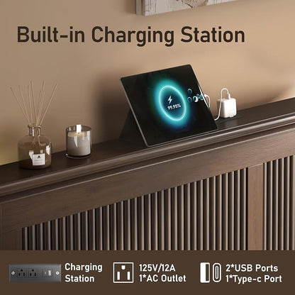 Lifezone King Bed Frame with Headboard, Solid Wood Bed Frame King Size with Charging Station & RGB LED, Wood Slats Support, Noise-Free, Sturdy Structure, Easy Assembly, Walnut