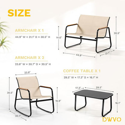 DWVO 4-Piece Patio Furniture Set, Textilene Conversation Set with Wooden Armrest Rocking Chairs and Tempered Glass Table for Indoor Outdoor Patio Lawn Garden Poolside, Brown