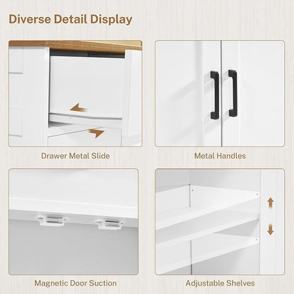usikey Buffet Cabinet with Storage and 2 Drawers, Large Sideboard Buffet Cabinet with Adjustable Shelves and Doors, Modern Coffee Bar Cabinet, White
