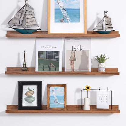 MBYD 36 Inch Photo Picture Ledge Shelf, Light Walnut Floating Wall Nursery Book Shelves Floating Bookshelf for Kids Bedroom Bathroom Kitchen Home Decoration, Set of 3