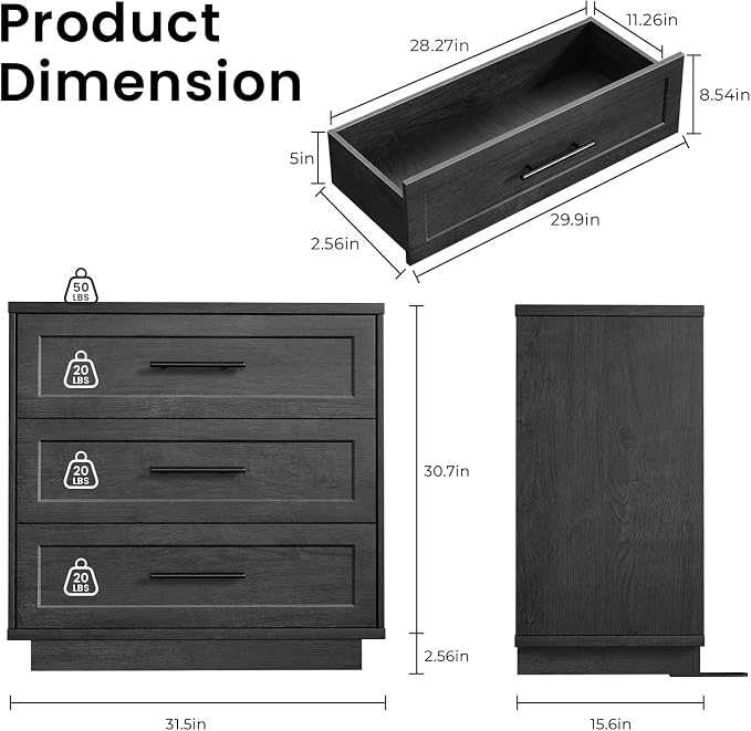 Fatmok 31.5" Wide 3 Drawer Nightstand Set of 2, Oversized Wooden Bedside Table with Storage, Modern Bedroom Side Table Cabinet, Large Night Stand with Drawers,Black Grey