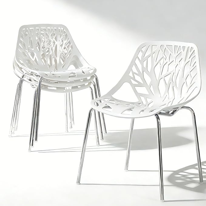 Karl home Stackable Dining Chairs Set of 4, 3-Step Assembly, 350LBS, White | Bird's nest trunk pattern, robust metal frame, 350lbs capacity, plastic construction, for kitchen/dining/bedroom/living room