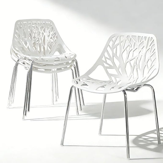 Karl home Stackable Dining Chairs Set of 4, 3-Step Assembly, 350LBS, White | Bird's nest trunk pattern, robust metal frame, 350lbs capacity, plastic construction, for kitchen/dining/bedroom/living room