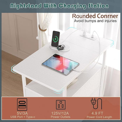 sthmec End Table with Charging Station, Narrow Side Table with 2 Drawers, Nightstands with Drawers, USB Ports & Power Oulets,Slim Sofa Side Tables for Small Spaces,Living Room,Bedroom, White