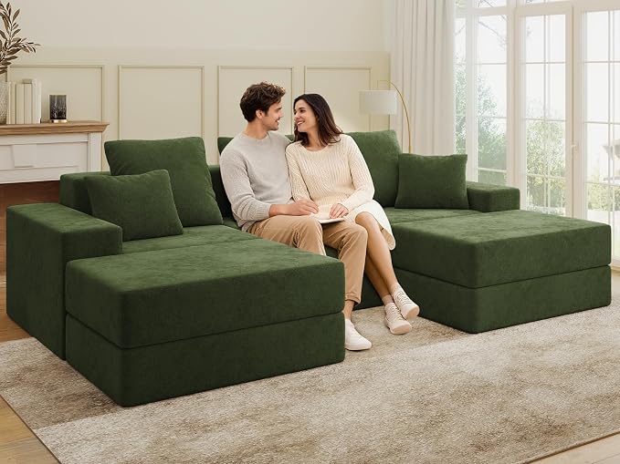 Living&Giving 101" U-Shaped Cloud Sectional Couch for Living Room, Cloud Boneless Couch-No Assembly with Reversible Chaise, Customizable 3-Seat Modular Sectional Sofa with 2 Ottoman, Green