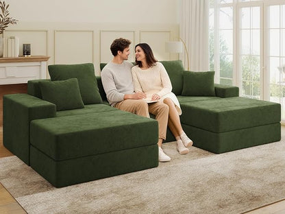 Living&Giving 101" U-Shaped Cloud Sectional Couch for Living Room, Cloud Boneless Couch-No Assembly with Reversible Chaise, Customizable 3-Seat Modular Sectional Sofa with 2 Ottoman, Green